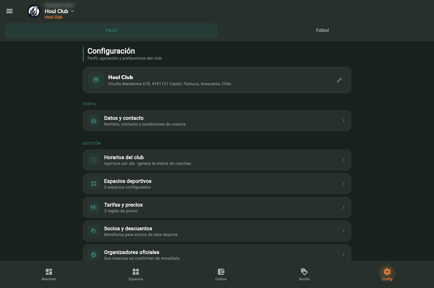 Configuración de Houl Club: horarios, espacios deportivos, tarifas y organizaciones oficiales