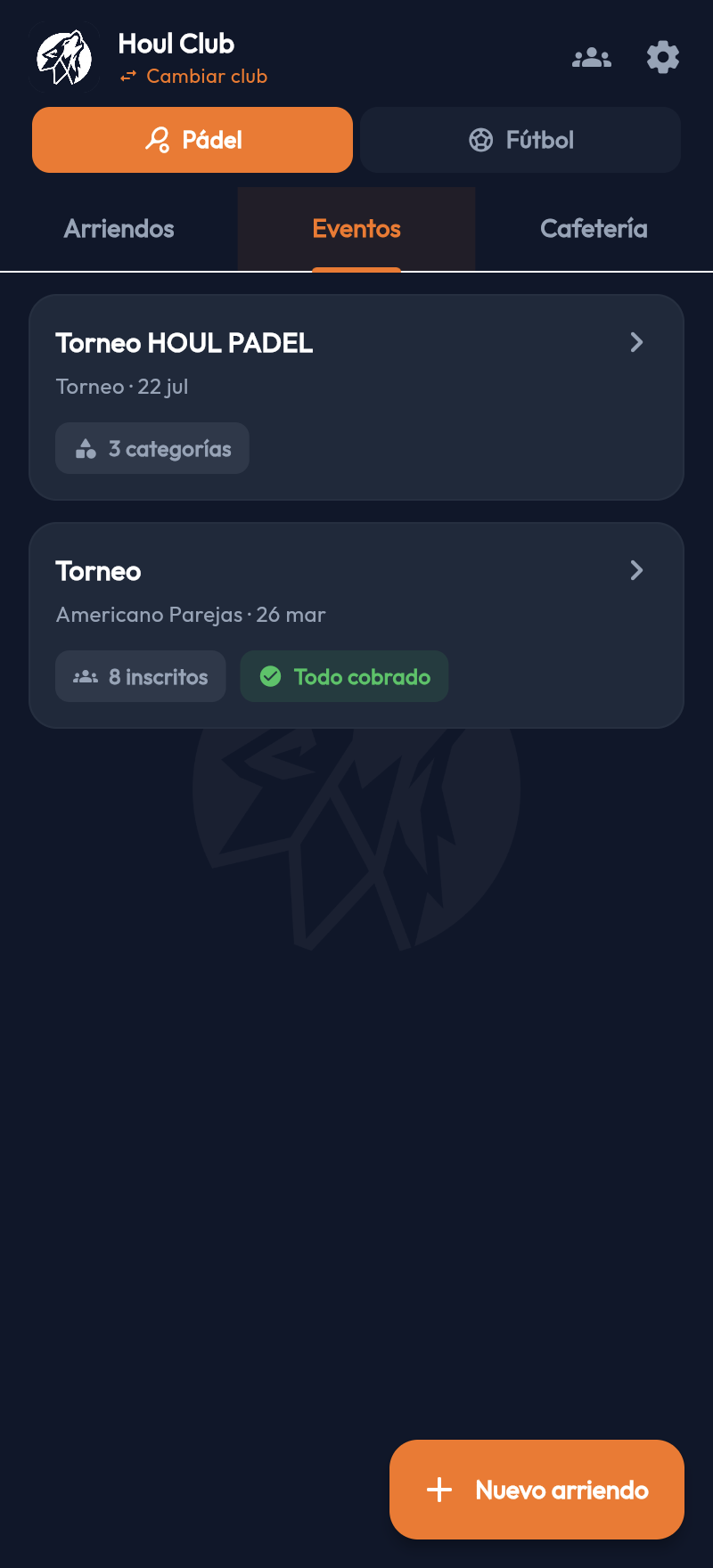 Eventos en Houl POS: torneo con 3 categorías y americano con 8 participantes, todo cobrado